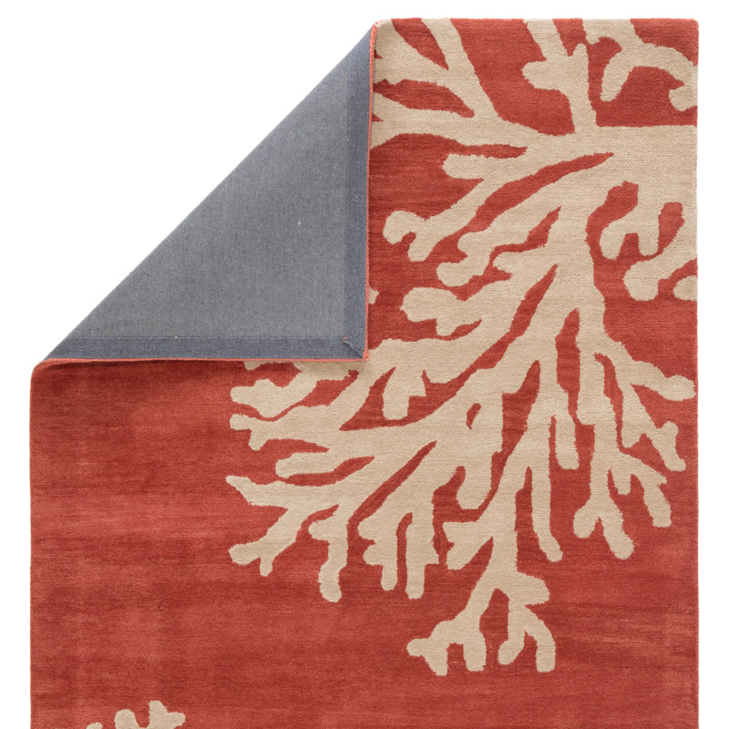 Coastal Seaside Wool Floral Area Rug in Orange, Rectangle 8' x 11'