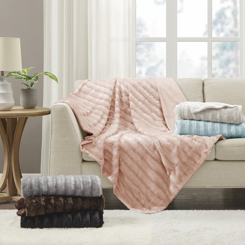 Blush Pink Reversible Faux Fur Throw Blanket 50"x60"