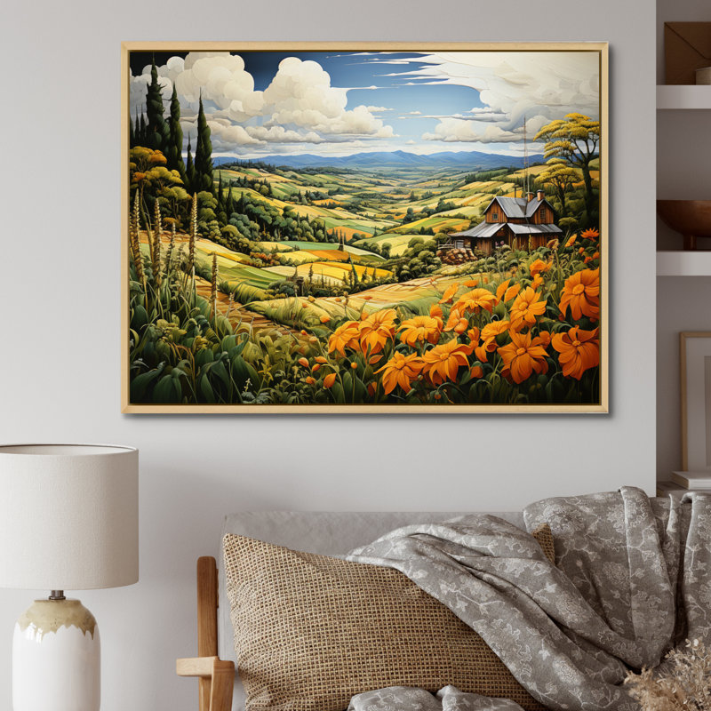 «Countryside Pastoral Patchwork I», reproduction, H 30 po x l 40 po x P 1,5 po, Cadre naturel flottant