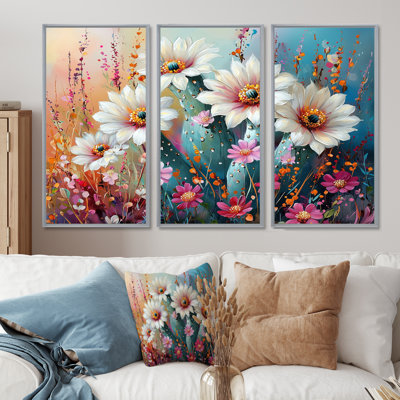 Cactus blanc et rose - Art mural cactus - 3 panneaux