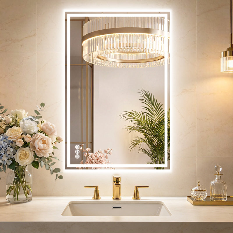 Miroir de salle de bain à DEL avec lumières avant et rétroéclairé UL, antibuée, température réglable en 3 couleurs, fonction mémoire, miroir mural en verre trempé