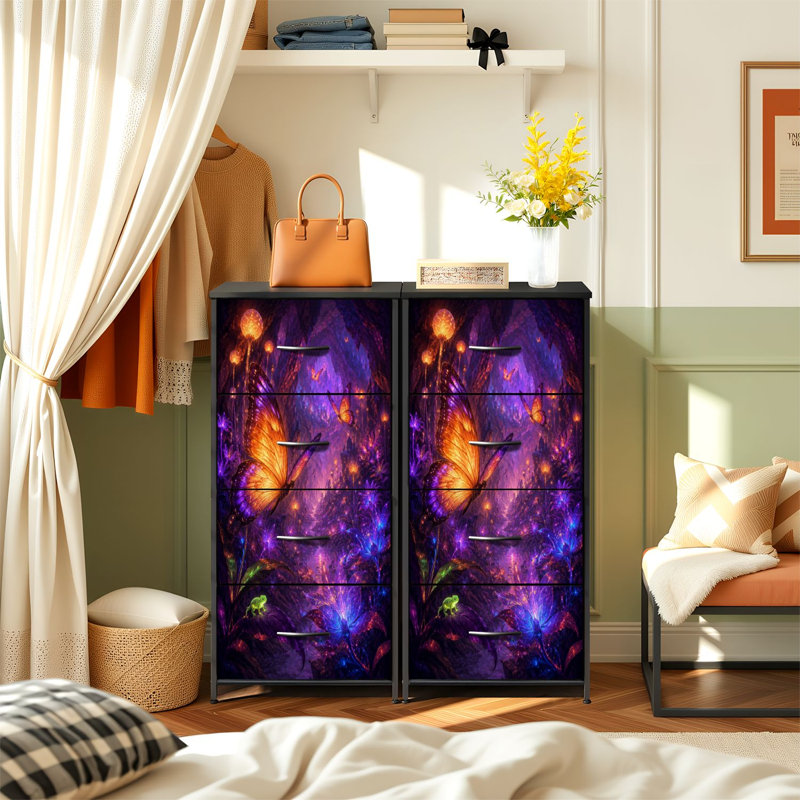 Commode pour la chambre à coucher avec 4 tiroirs de rangement Fantaisiste paysage papillons lumineux Commodes à fleurs sauvages