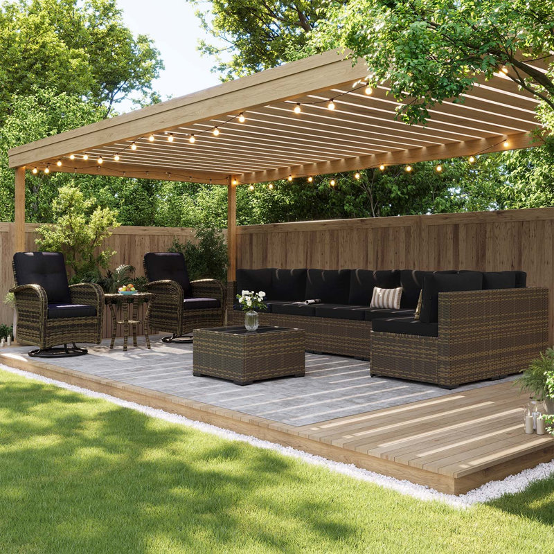 Ensemble de canapés d'extérieur en osier 10 pièces avec chaises berçantes pivotantes, Black, Brown