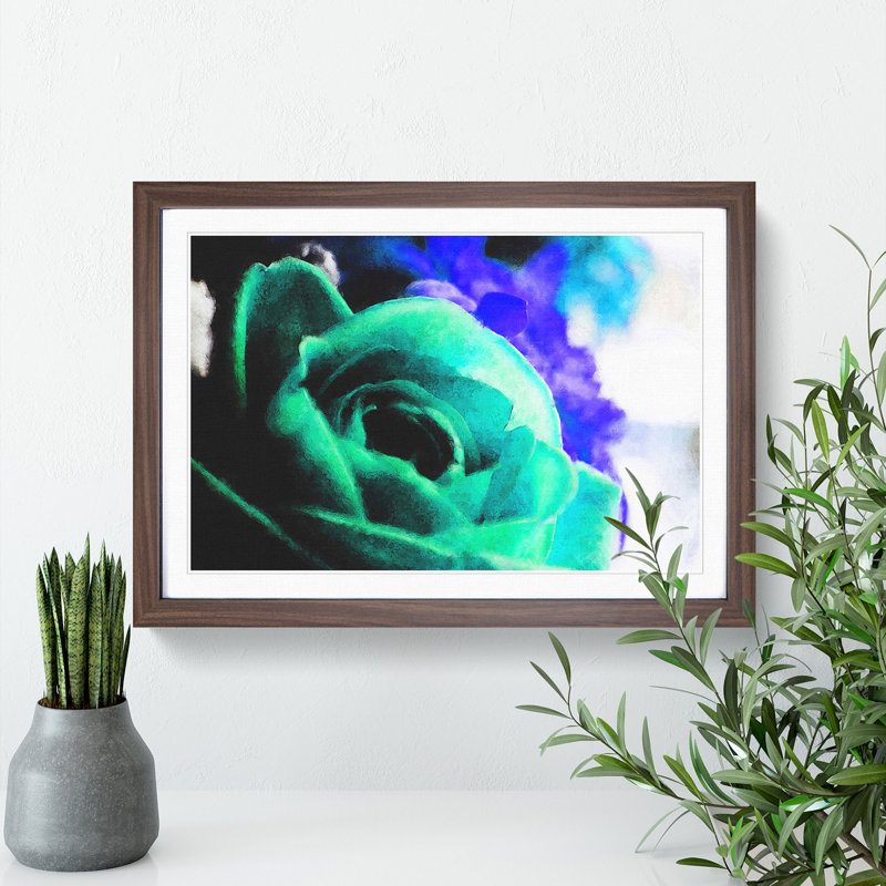 Teal Rose Flower - Picture Frame Graphic Art, Walnut, 27cm H x 36cm W x 2cm D