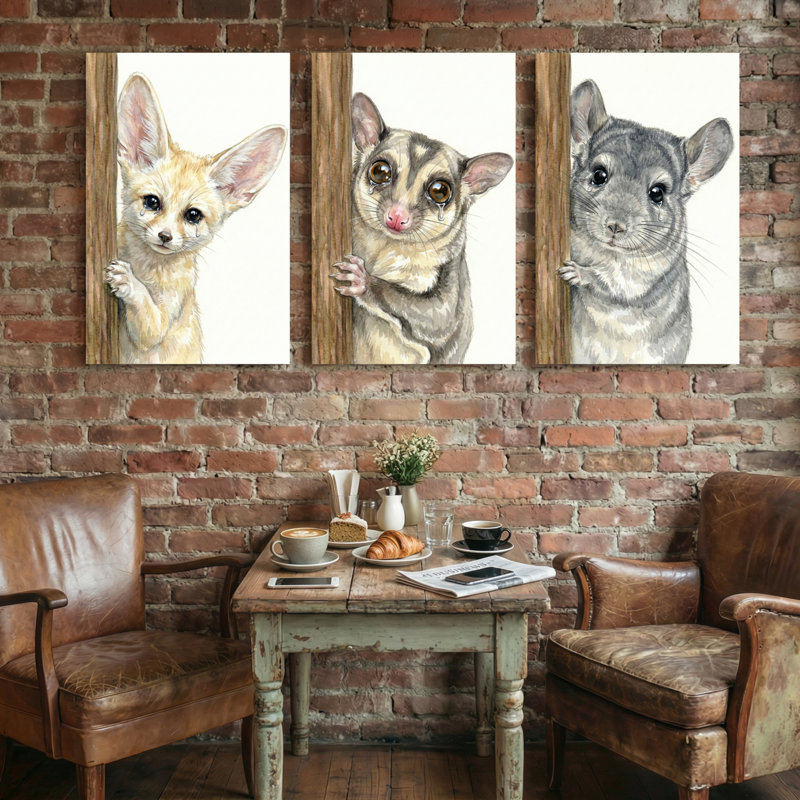 Animaux, fennec, renard à sucre, planeur Chinchilla, ensemble de 3 reproductions d'art sur toile, H 18 po x l 36 po