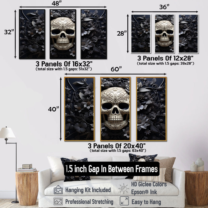 Crâne et os croisés - pirate, art mural, H 28 po x l 36 po, Cadre flottant noir