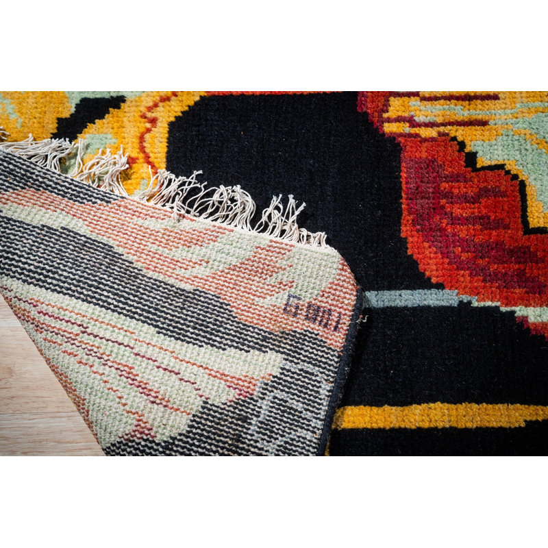 Hand-Knotted Black Wool Contemporary Art Nouveau Floral Area Rug