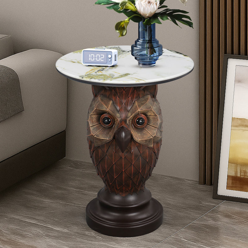 Owl Side Table, Cute Animal Resin End Table, Unique Bird Statue Nightstand with Round Top, Whimsical Decor Furniture for Nursery, Bedroom & Living Room - 17.7" Tabletop Realistic