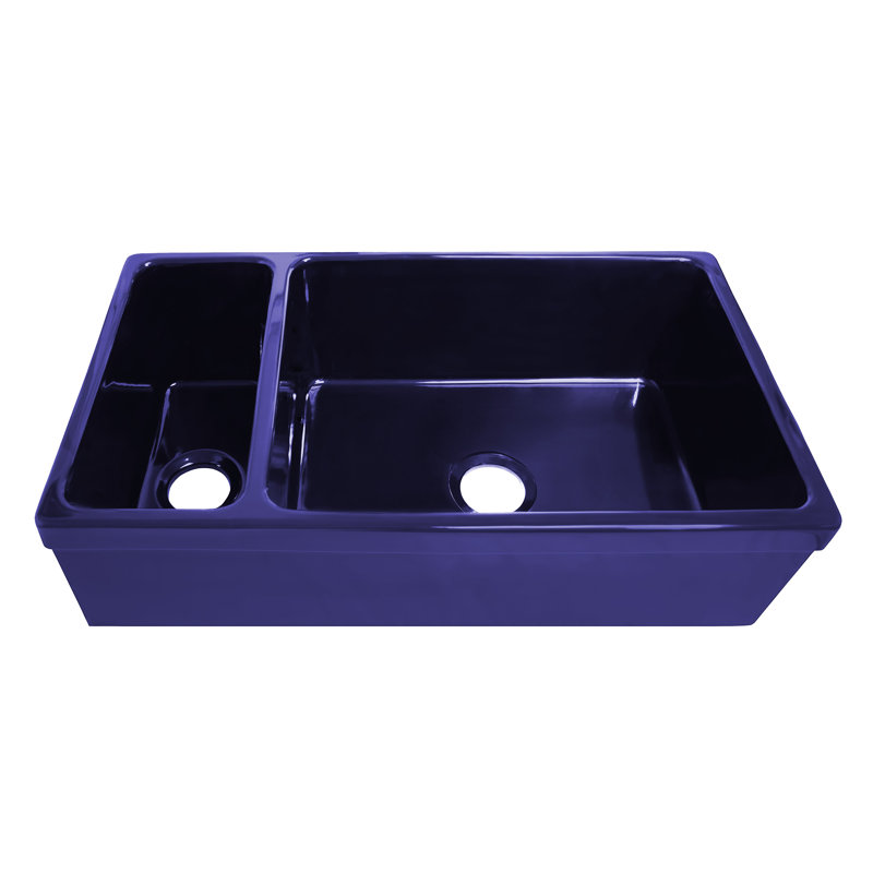 Whitehaus 36" Reversible Large and Small Bowl Fireclay Kitchen Sink: 2-1/2” Lip Front Apron, Sapphire Blue