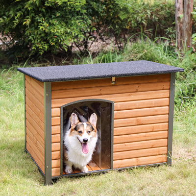 Dog House Outdoor & Indoor Wooden Dog Kennel for Winter with Raised Feet Weatherproof for Small & Medium & Large Dogs,Unique All-Around Iron Frame