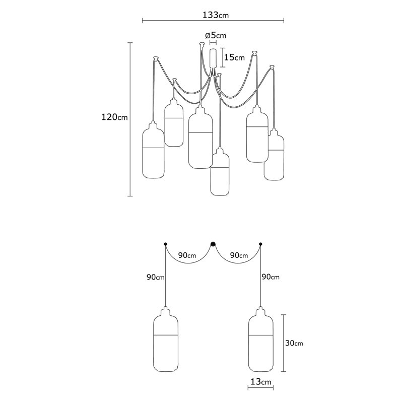 Luminaire suspendu cylindrique à 6 lumières Jak, Noir