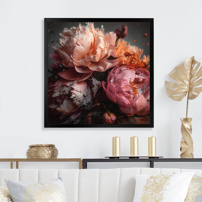 Orange rose, pivoines en fleurs - pivoines, reproduction d'art sur toile encadrée, Cadre photo noir, H 30 po x l 30 po