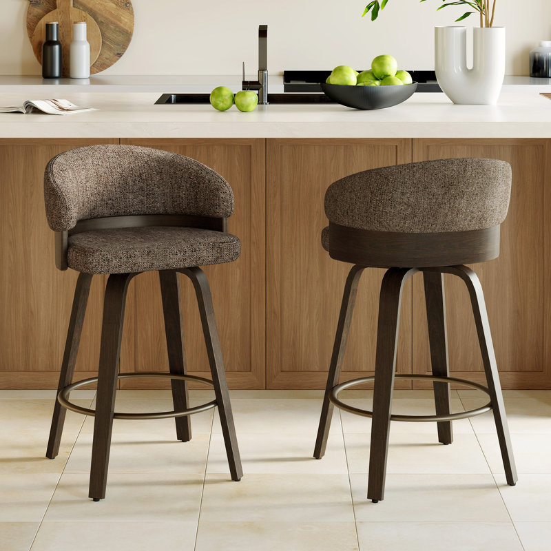 Tabouret de bar pivotant rembourré de 66 cm (26 po) avec cadre en bois, Brown Seat/Smoked Oak Frame