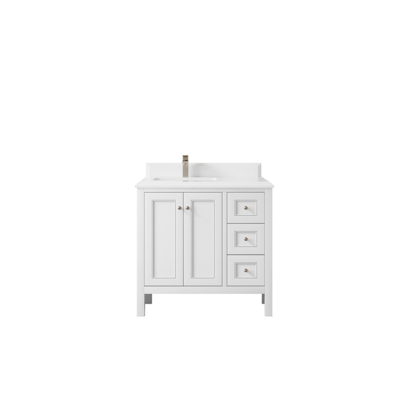 Nashville X P 22 po D Meuble-lavabo de salle de bain décalé gauche avec quartz Cove Edge, Blanc, Nickel brossé, Blanc