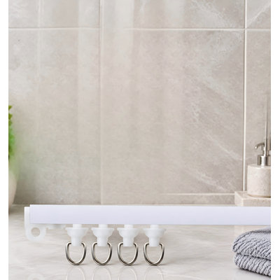 A self-adhesive ceiling curtain track rail measuring 5.25 Ft / 63 in; it installs without drilling, rods, screws, or tools and is designed to avoid damage in windows, cabinets, closets, bathrooms, showers, and curtain room dividers.