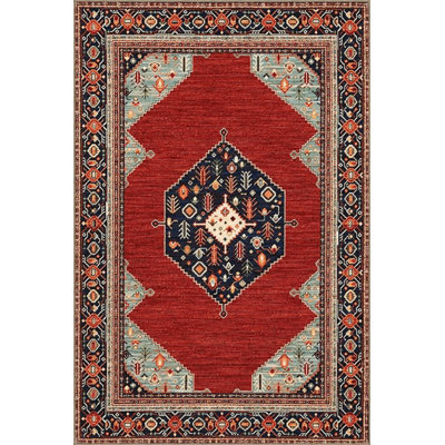 Red Themed Traditional Ethnic Patterned Fringed Vintage Decorative Rug Machine Washable