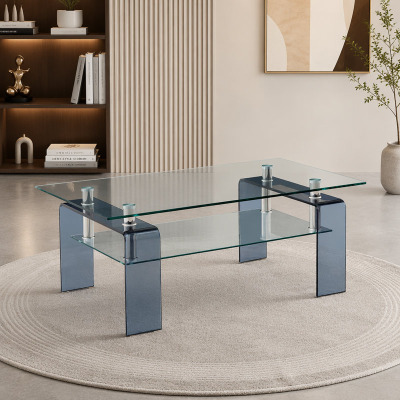 Table basse en verre trempé, table basse 2 couches, Transparent / noir