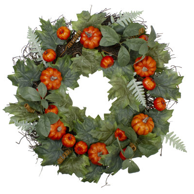 Maple and Fern Leaves with Pumpkins Artificial Wreath Orange 24-Inch