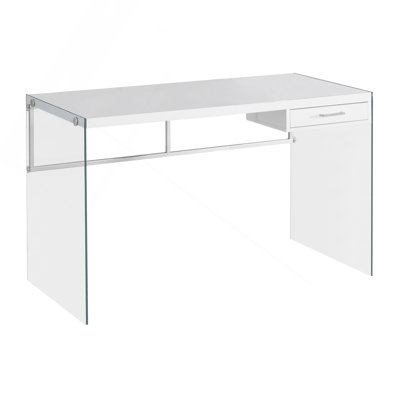 Bureau d'ordinateur, bureau personnel, ordinateur portable, tiroirs de rangement, L 48 po, travail, stratifié brillant, verre trempé transparent, contemporain
