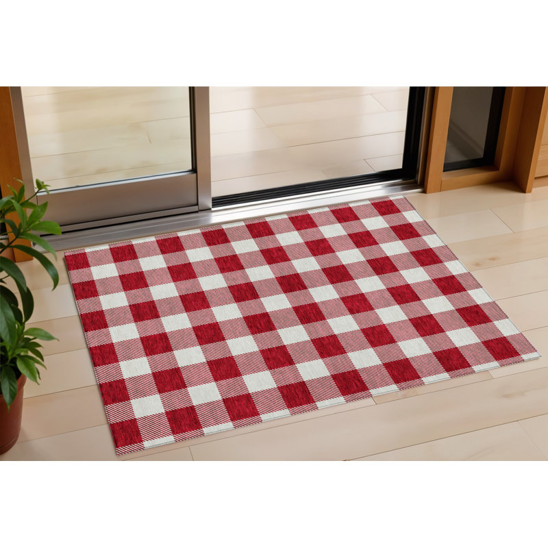 Tapis extérieur lavable à carreaux rouge et ivoire 3 pi x 5 pi