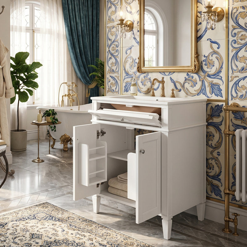 Meuble-lavabo autoportant blanc moderne 24 po avec lavabo en céramique, tiroir coulissant et 2 portes à fermeture en douceur avec rangement