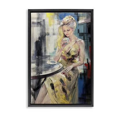 Cadre flottant femme élégante au café, design par Lucille Lee