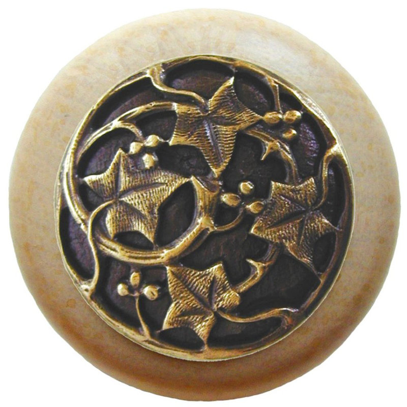 Poignée champignon 1,5 po de diamètre Leaves, Laiton antique / bois de cerisier