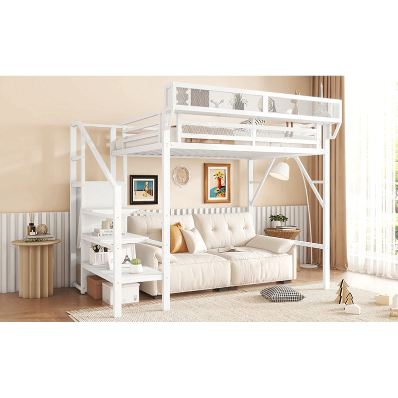 Lit mezzanine simple TG avec escalier, lit mezzanine double en métal avec tablettes de rangement, Blanc