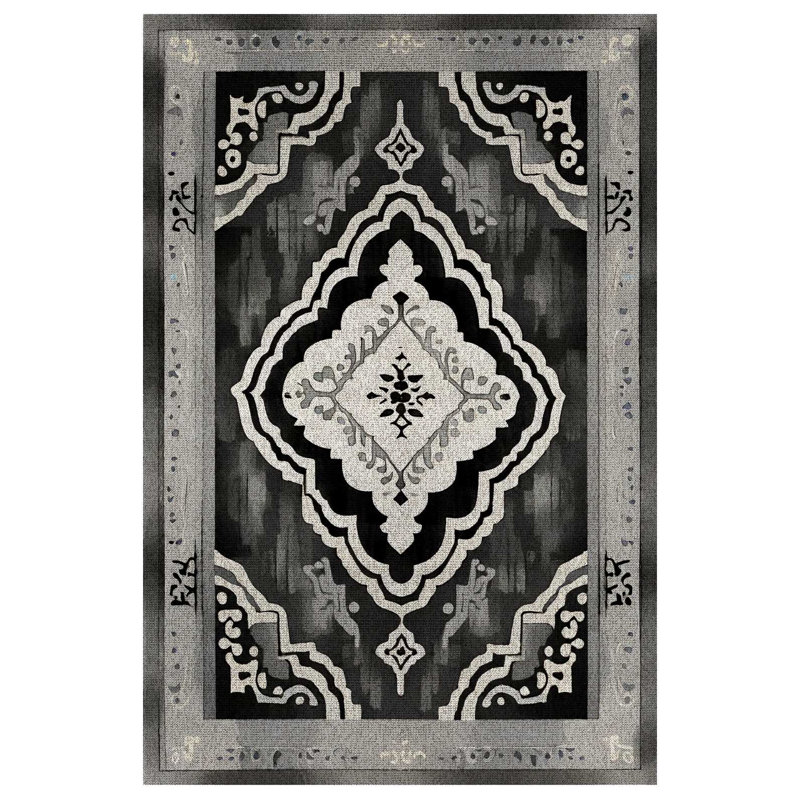 Rayhan Collection Digital Print Cotton-Polyester Black Gray Moroccan Rug, Rectangle 3'4" x 5'