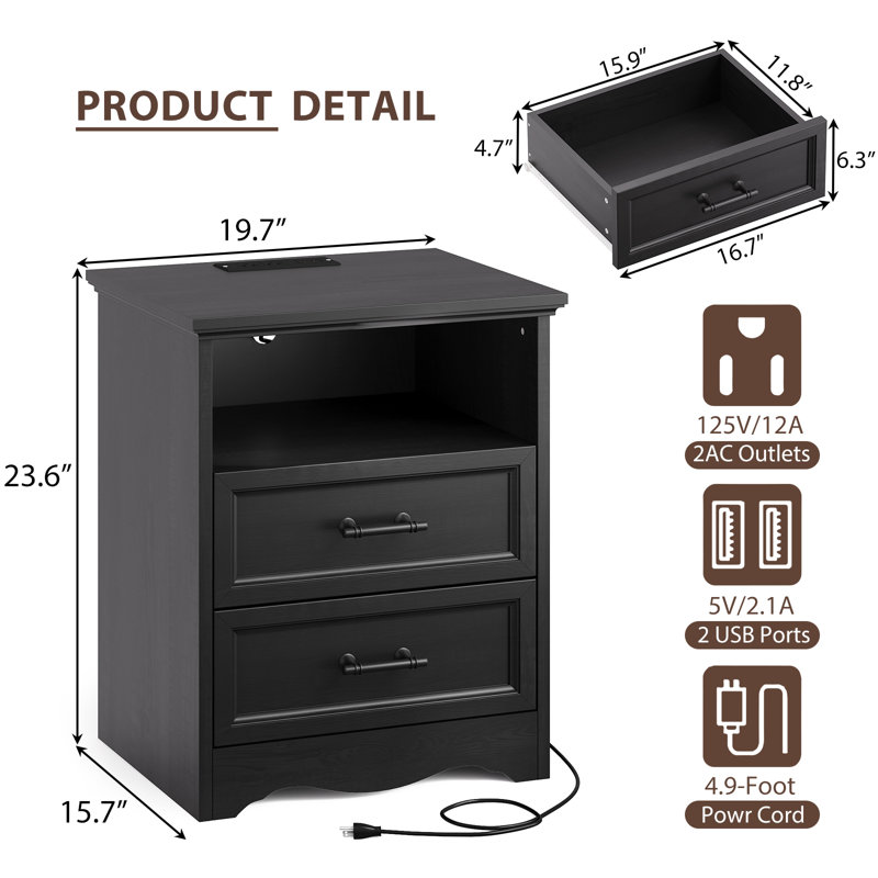 Nightstand with Charging Station, 23.6" Farmhouse End Table with 2 Drawers and Unique Base Design, for Bedroom Living Room, White