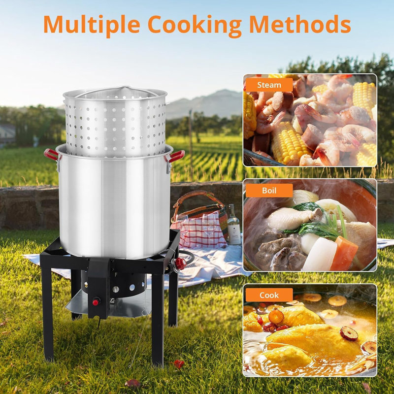 Bouilloire de fruits de mer, marmite de 80 qt avec panier et brûleur, panier à crépine, couvercle et crochet, marmite polyvalente pour crabe, homard, ébullition de crevettes, chaudière au propane en aluminium pour l'extérieur et ensemble de vapeur