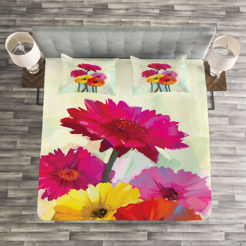 Absar Cream/Pink/Yellow Microfibre Bedspread Set, 220 x 264 cm