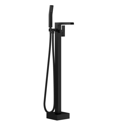 Freestanding Bathtub Faucet With Waterfall Tub Filler And Hand Shower, 360° Rotatable Spout, Dual Temperature Control, Heavy - Duty Brass Build Matte Black Faucet, 59" Kink Shower Hose, Control For