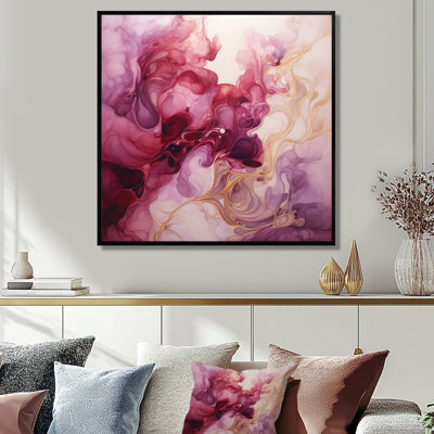 Magenta Clouds Touch Of Gold - Liquid Ink Abstract Wall Art Living Room