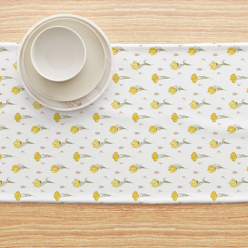 Table Runner, 100% Cotton, 16X108", Hand Drawn Yellow Tulips, 72" L x 16" W