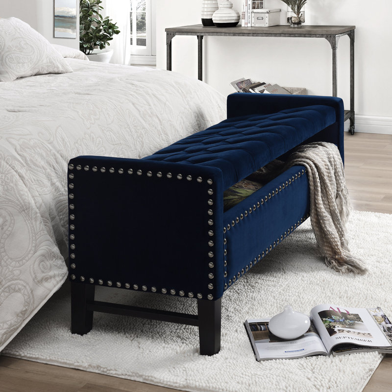Banc de rangement rembourré à couvercle rabattable Tess, Bleu marine