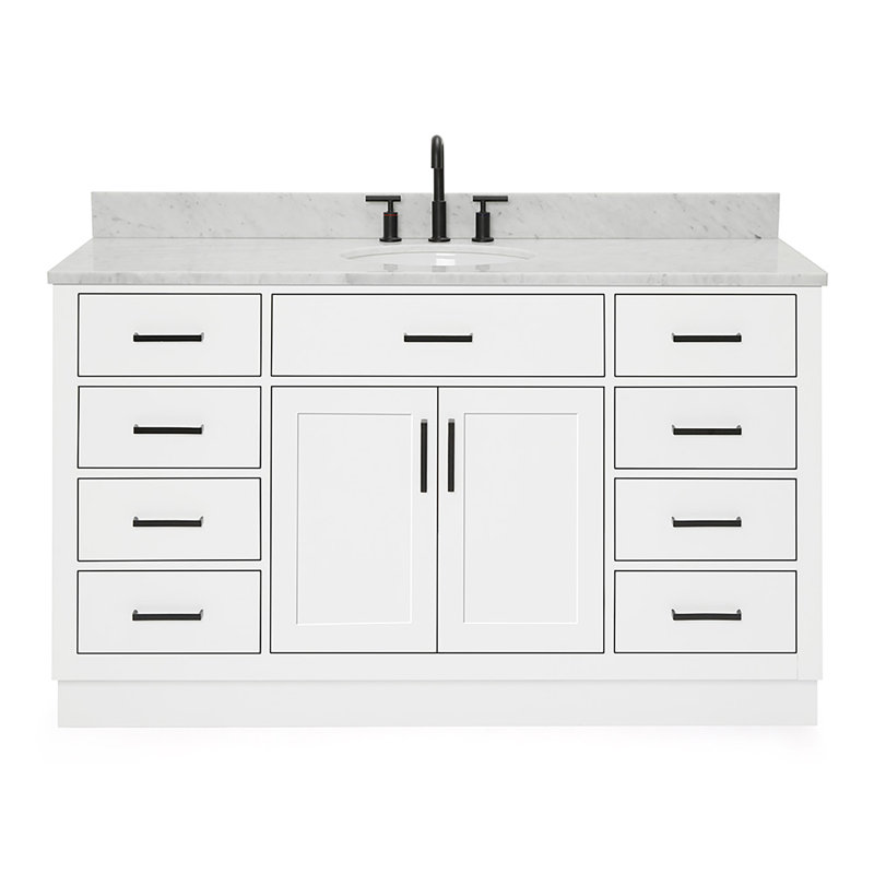 Jameal 60'' Solid Wood Single Bathroom Vanity with 0.75'' Carrara Marble Top Sink, White, Oval
