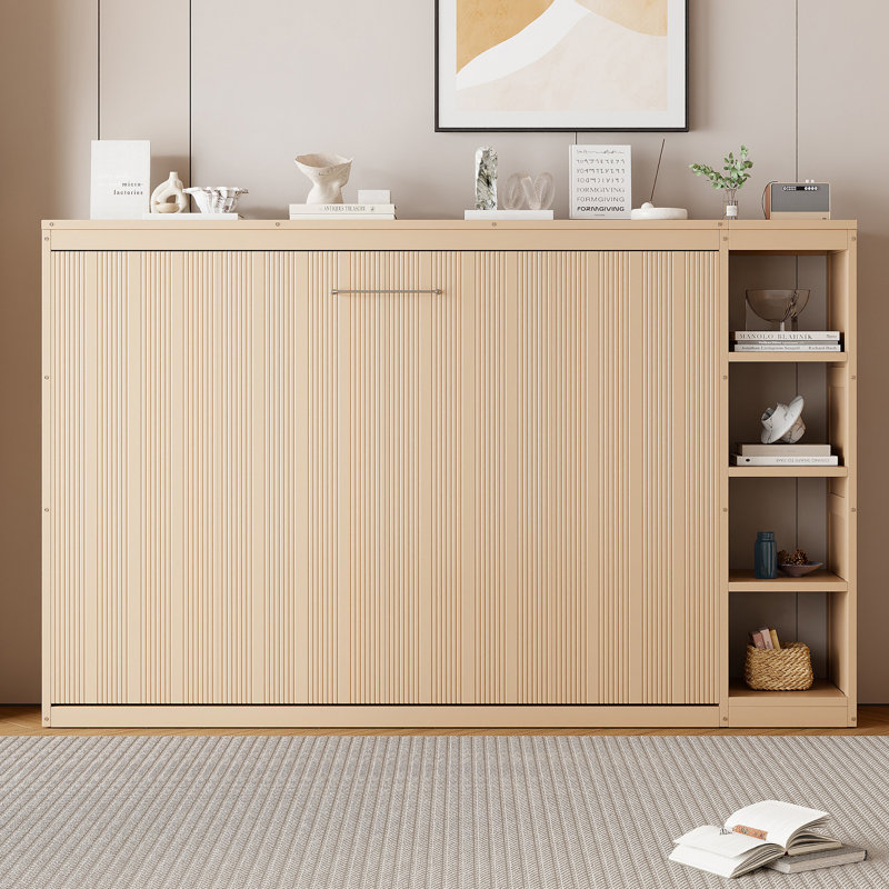 Lit escamotable double avec bibliothèque, naturel - Lit mural peu encombrant pour chambre ou chambre d'amis, Naturel