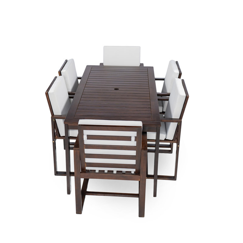 Ensemble repas 7 pièces en bois d'acacia avec coussins amovibles Eastmane, Marron foncé
