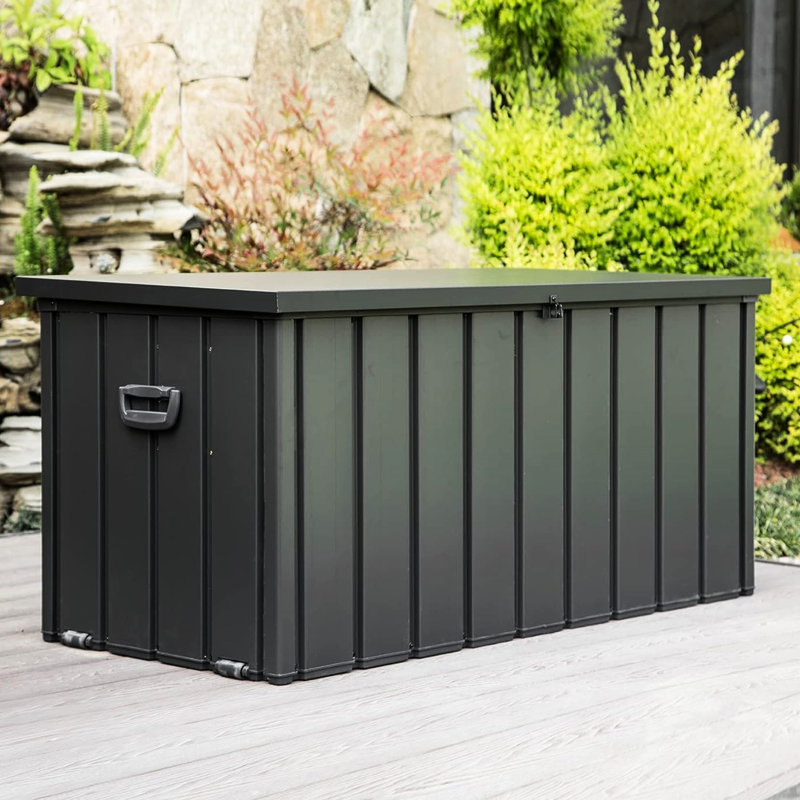 Coffre de patio gris foncé - 100 gallons, imperméable, verrouillable pour les coussins d'extérieur, les oreillers, les outils de jardin avec matériau de fabrication, chariot de rangement gris, structure de qualité