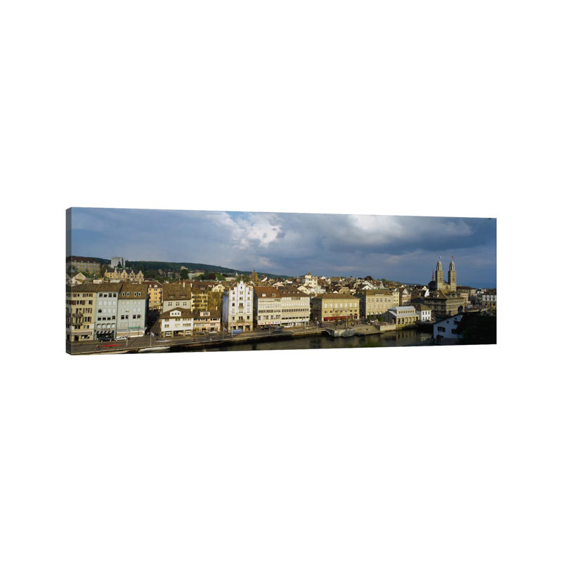 High Angle View Of A City, Grossmunster Cathedral, Zurich, Switzerland - Wrapped Canvas Panoramic Print