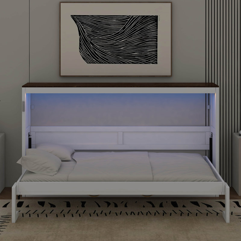 Lit escamotable simple avec lumière DEL, peut être plié dans une armoire, Blanc / Brun