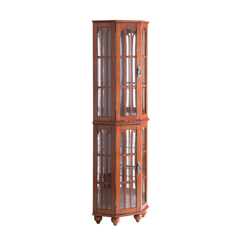 Vitrine d'angle en verre et verre avec 4 tablettes réglables, pieds en bois massif, finition noyer, Noyer