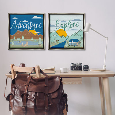 Adventure Explore Camping 2 PC Framed Floater Canvas Set by Hugo Edwins