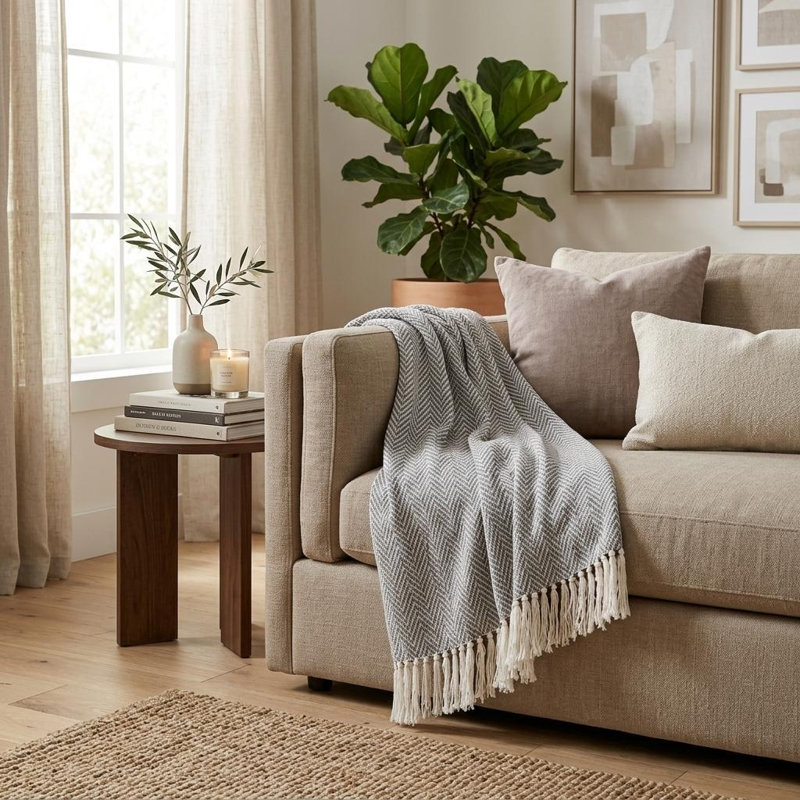 Jeté rayé en coton tissé gris anthracite