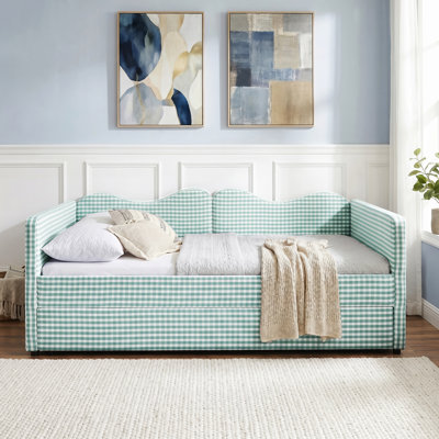 3-in-1 Convertible Sofa Bed with Gingham Linen Upholstery, Pull-Out Trundle, Camelback Backrest, Side Storage Pockets & Wooden Slat Support