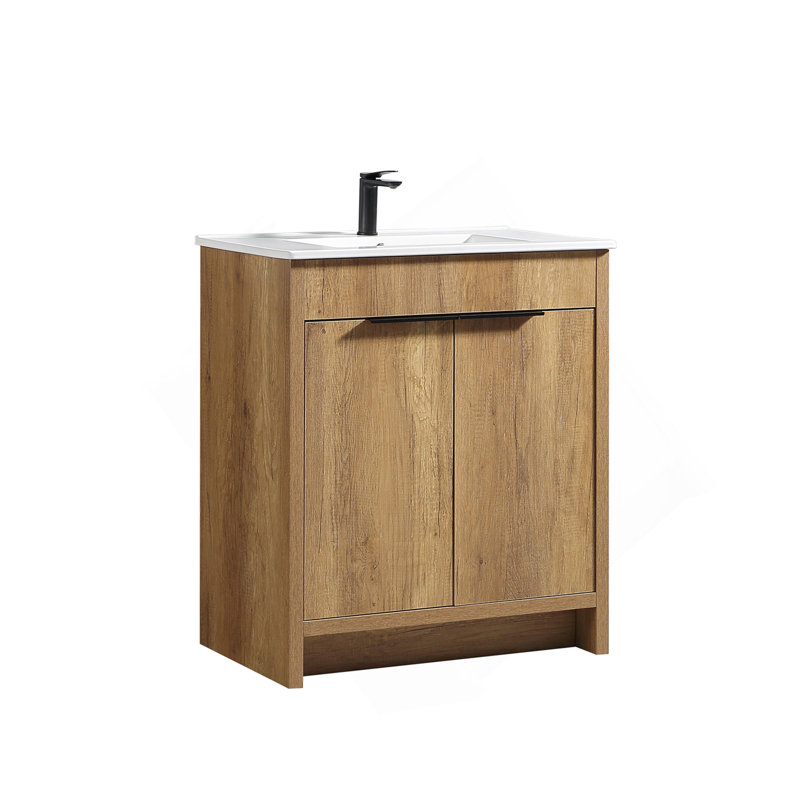 Meuble-lavabo sur pied de 30 po avec panneau rainuré 3D et lavabo en céramique intégré