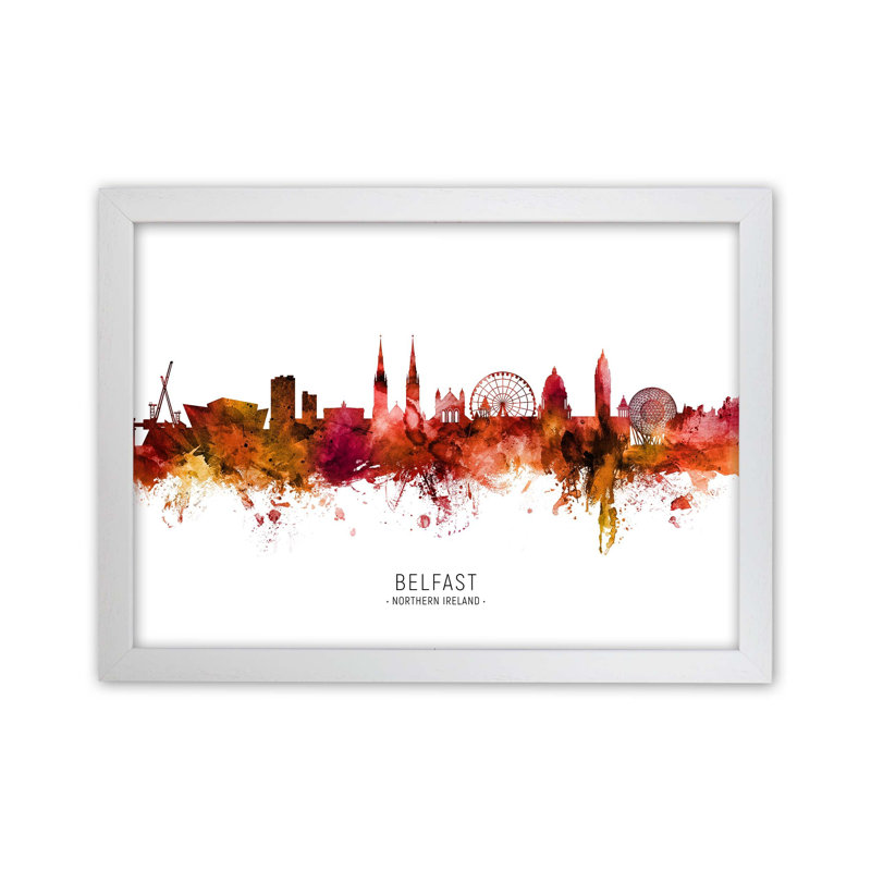 Belfast Northern Ireland Skyline Red City Name by Michael Tompsett - Print, White Framed, 64cm H x 88cm W x 3cm D