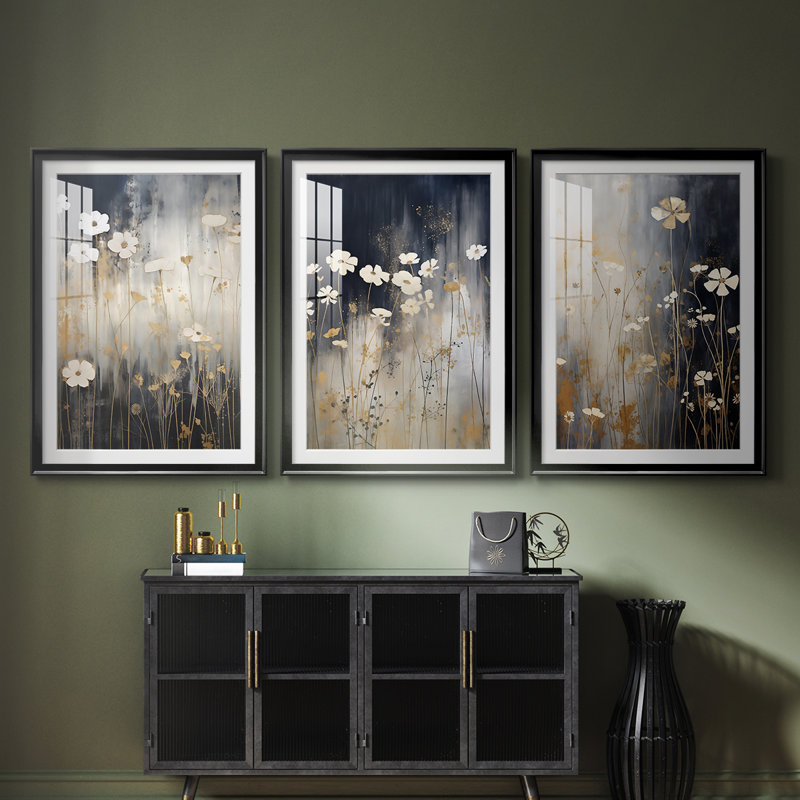 FLORAL Series CDI  -Custom Framed  Premium Print W Matt - 3 Pieces, Black, 21" H x 30" W