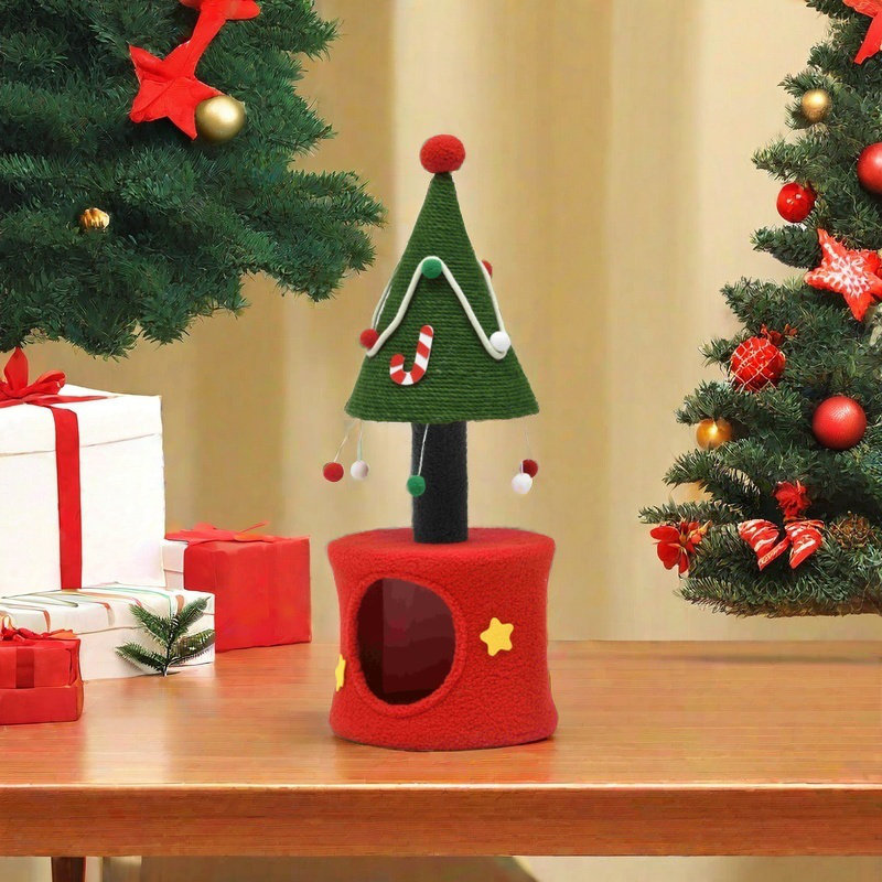 Christmas Cat Tree Tower With Cat Scratching Post, 32 In Cute Cat Tree With Plush Hanging Ball, Cat Tower For Indoor Cats With Cat Condos